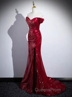 Dark Red Sequins Mermaid Sweetheart Evening Prom Dress, Dark Red Evening Dress