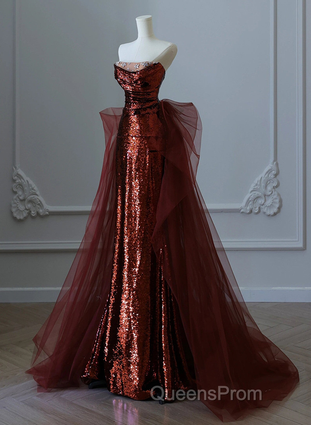 Wine Red Sequins and Tulle Beaded Long Party Dress, Wine Red Evening Dress Secondary image