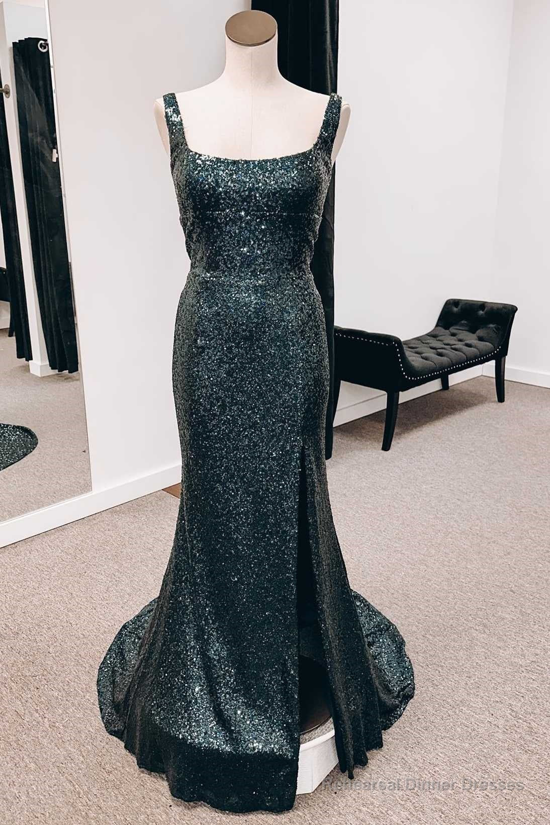 Black Sequin Square Neck Backless Mermaid Long Formal Dress with Slit Main image
