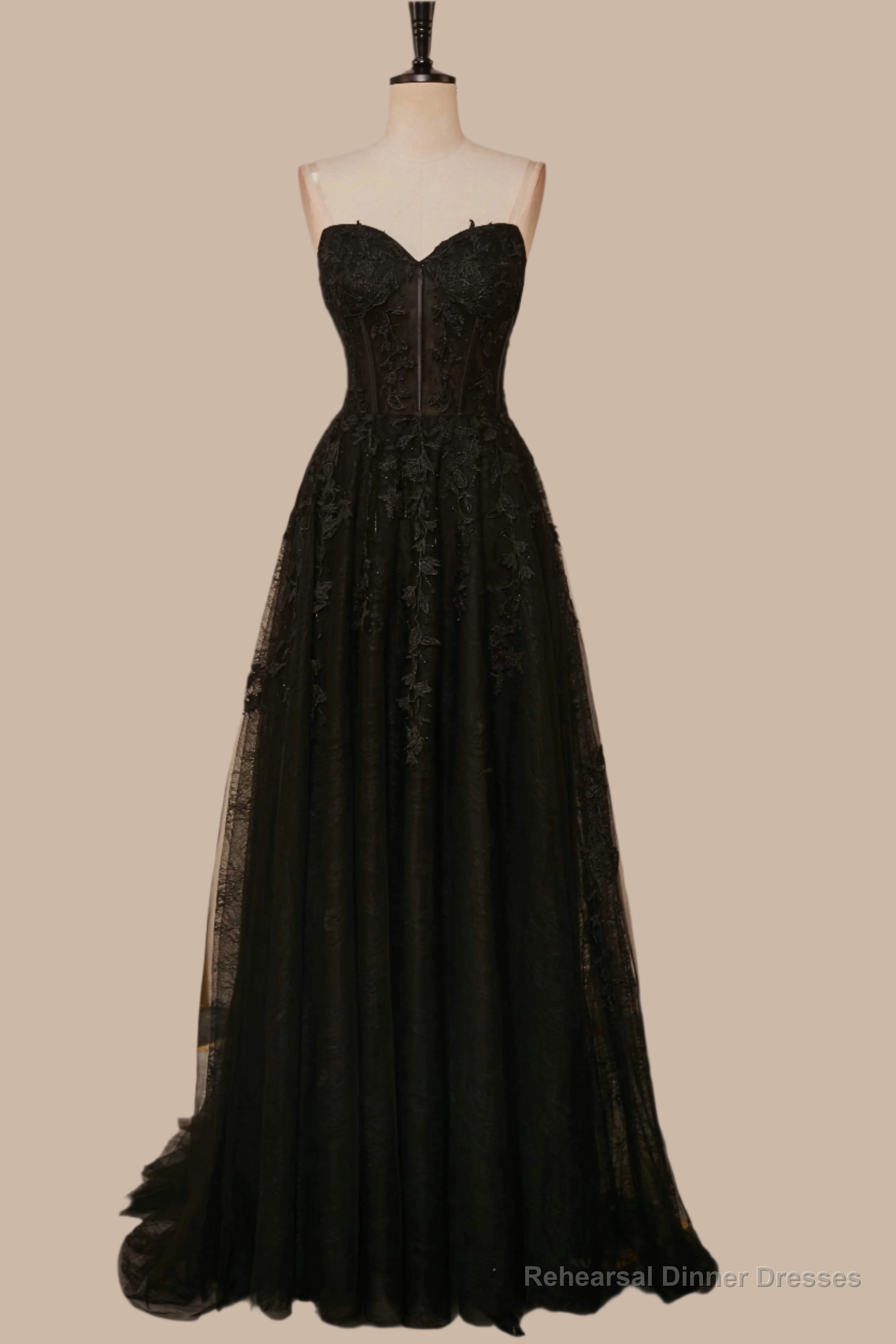 Black Strapless A-line Appliques Tulle Long Prom Dress Main image