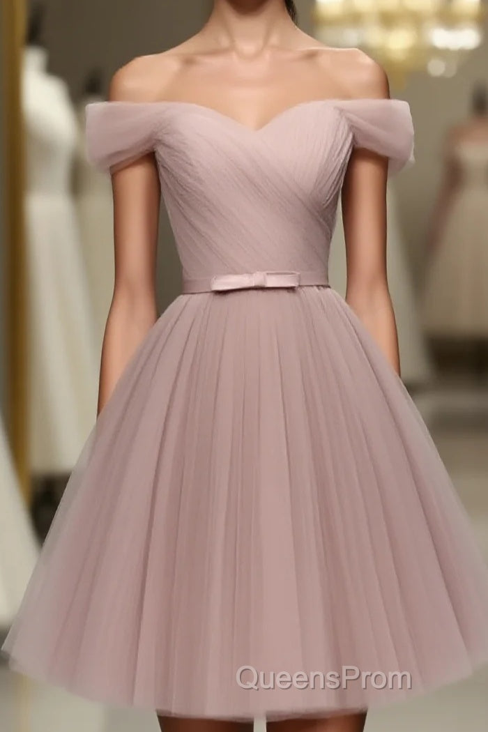 Simple V Neck Tulle Off Shoulder Short Evening Prom Dress, Pink Homecoming Dress Main image