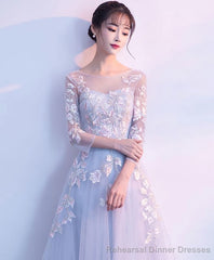 Gray Round Neck Tulle Lace Applique Long Prom Dress Gray Evening Dress