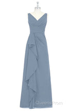 Dusty Blue V-Neck Banded Waist Ruffled Long Bridesmaid Dress