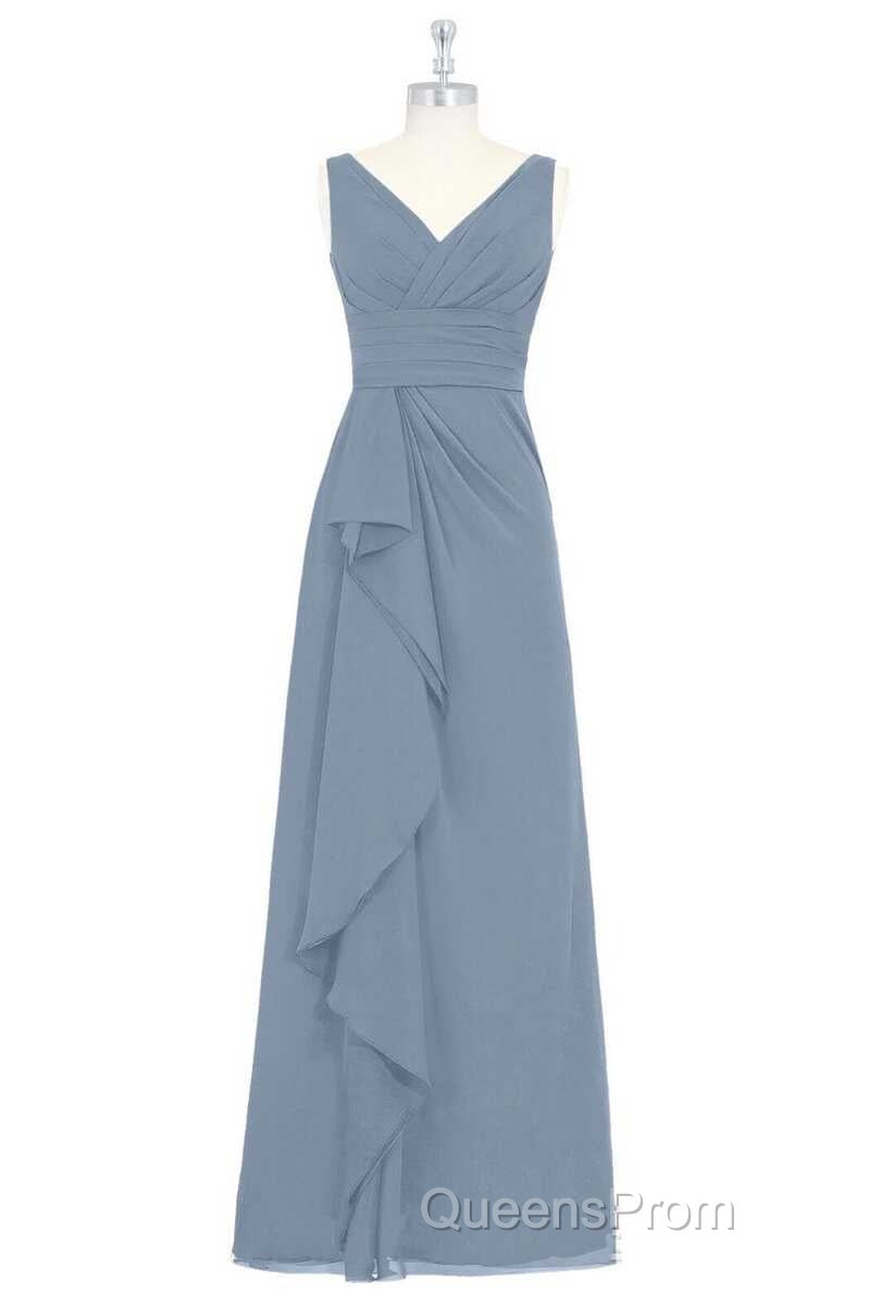 Dusty Blue V-Neck Banded Waist Ruffled Long Bridesmaid Dress