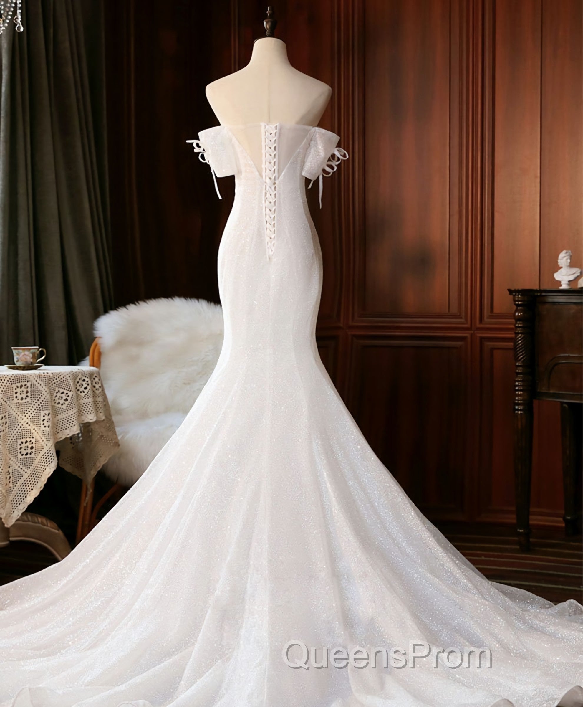 White Sequin Mermaid Long Evening Prom Dress, White Wedding Dress Secondary image