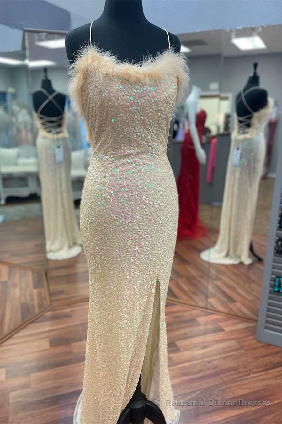 Sequins Feather Lace-Up Long Prom Dress with Slit Main image