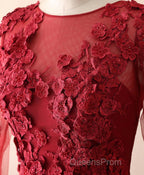 Burgundy Lace Satin Long Evening Prom Dress, Burgundy Lace Evening Dress