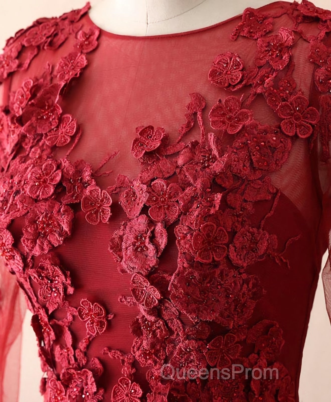Burgundy Lace Satin Long Evening Prom Dress, Burgundy Lace Evening Dress