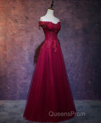 Burgundy Tulle Lace Off Shoulder Long Evening Prom Dress, Burgundy Lace Evening Dress