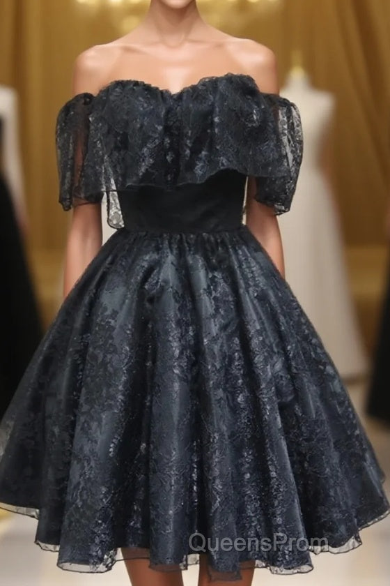Black Sweetheart Tulle Short Lace Evening Prom Dress, Lace Homecoming Dress