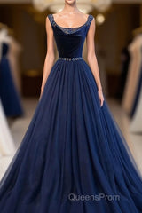 Dark Blue Tulle Long Evening Prom Dress, Dark Blue Tulle Evening Dress