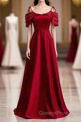 Burgundy Satin Beads Long Evening Prom Dress, Burgundy Evening Dress