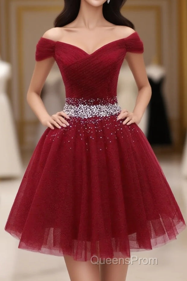Burgundy Tulle Sequin Short Evening Prom Dress, Burgundy Homecoming Dress, 1 Main image