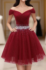 Burgundy Tulle Sequin Short Evening Prom Dress, Burgundy Homecoming Dress, 1