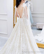 White V Neck Lace Long Prom Dress White Lace Wedding Dress