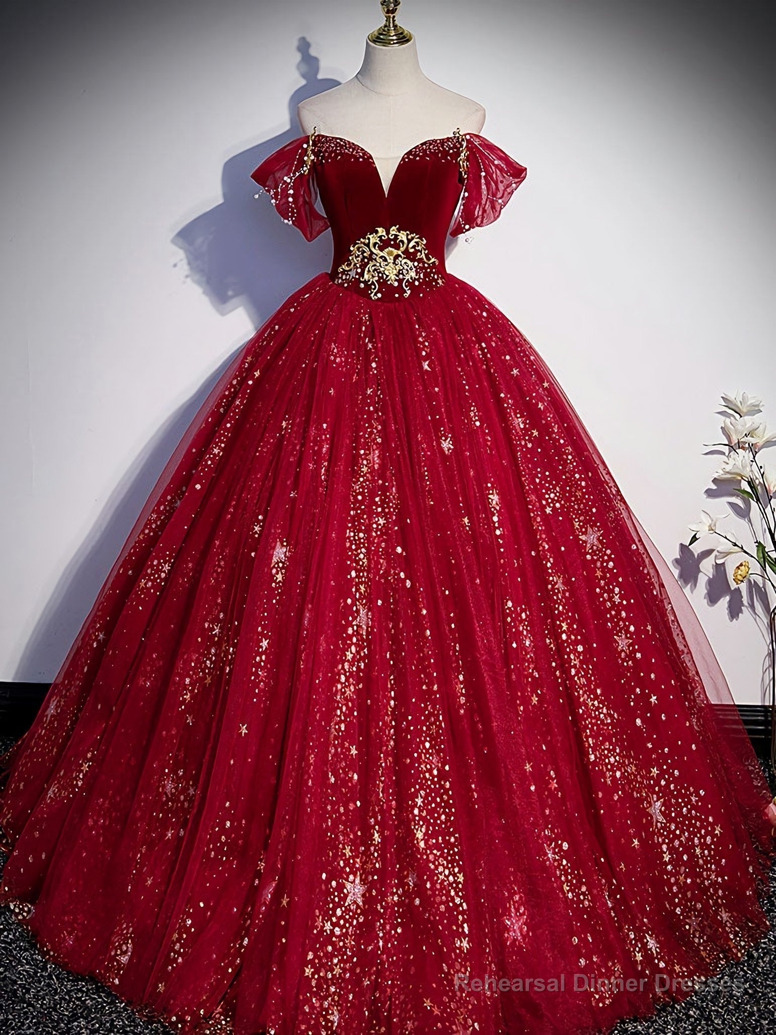 Burgundy Tulle Sequin Long Prom Dress, Burgundy Tulle Formal Dress Main image
