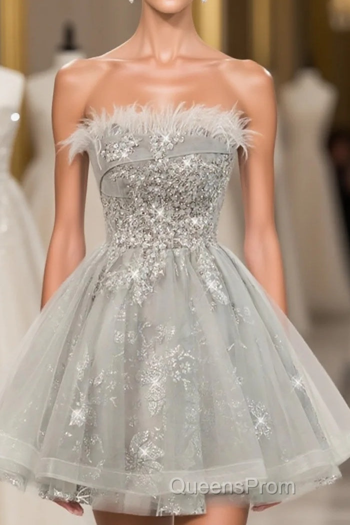 Gray Sweetheart Lace Tulle Short Evening Prom Dress, Gray Cocktail Dress