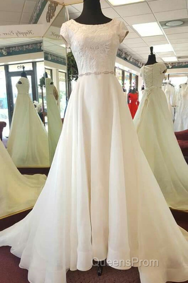 Delicate Round Neck Short Sleeves Sweep Train Lace Appliques Wedding Dress Secondary image
