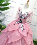 Pink V Neck Tulle Lace Applique Long Evening Prom Dress, Pink Evening Dress, 1