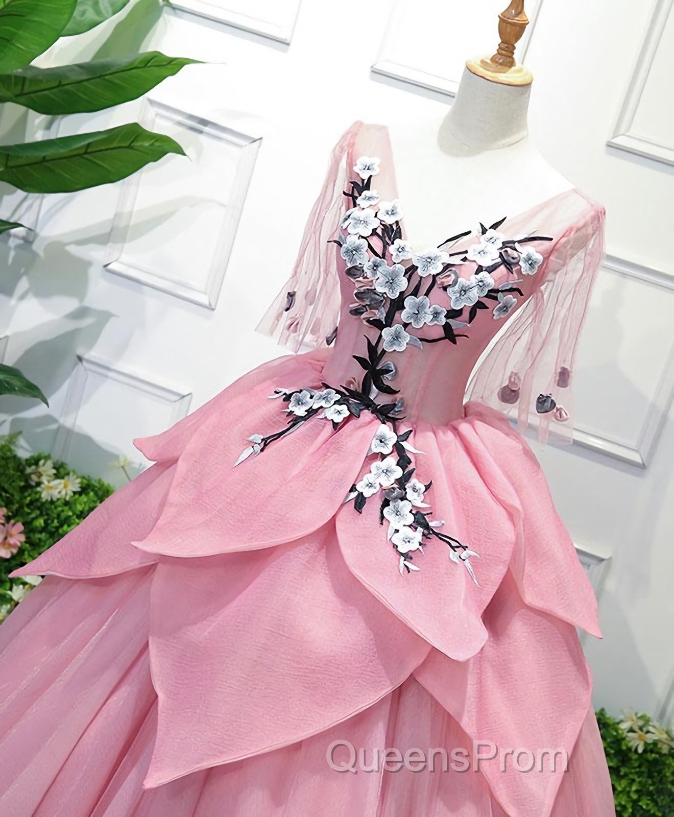 Pink V Neck Tulle Lace Applique Long Evening Prom Dress, Pink Evening Dress, 1