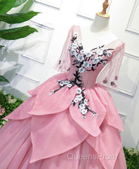 Pink V Neck Tulle Lace Applique Long Evening Prom Dress, Pink Evening Dress, 1