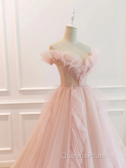 Pink Tulle Off The Shoulder A-Line Tulle Ruffles Floor-Length Evening Prom Dress, Pink Long Party Dress