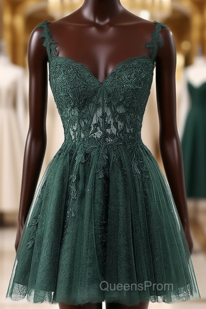 V-Neckline Dark Green Tulle With Lace Short Homecoming Dress, Green Short Evening Prom Dress Main image