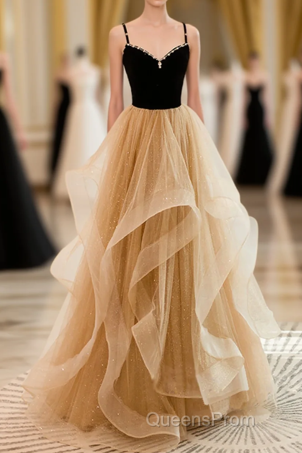 A-Line Champagne Tulle Sweetheart Beaded Long Evening Prom Dress, Tulle Layers Party Dress Main image