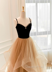 A-Line Champagne Tulle Sweetheart Beaded Long Evening Prom Dress, Tulle Layers Party Dress