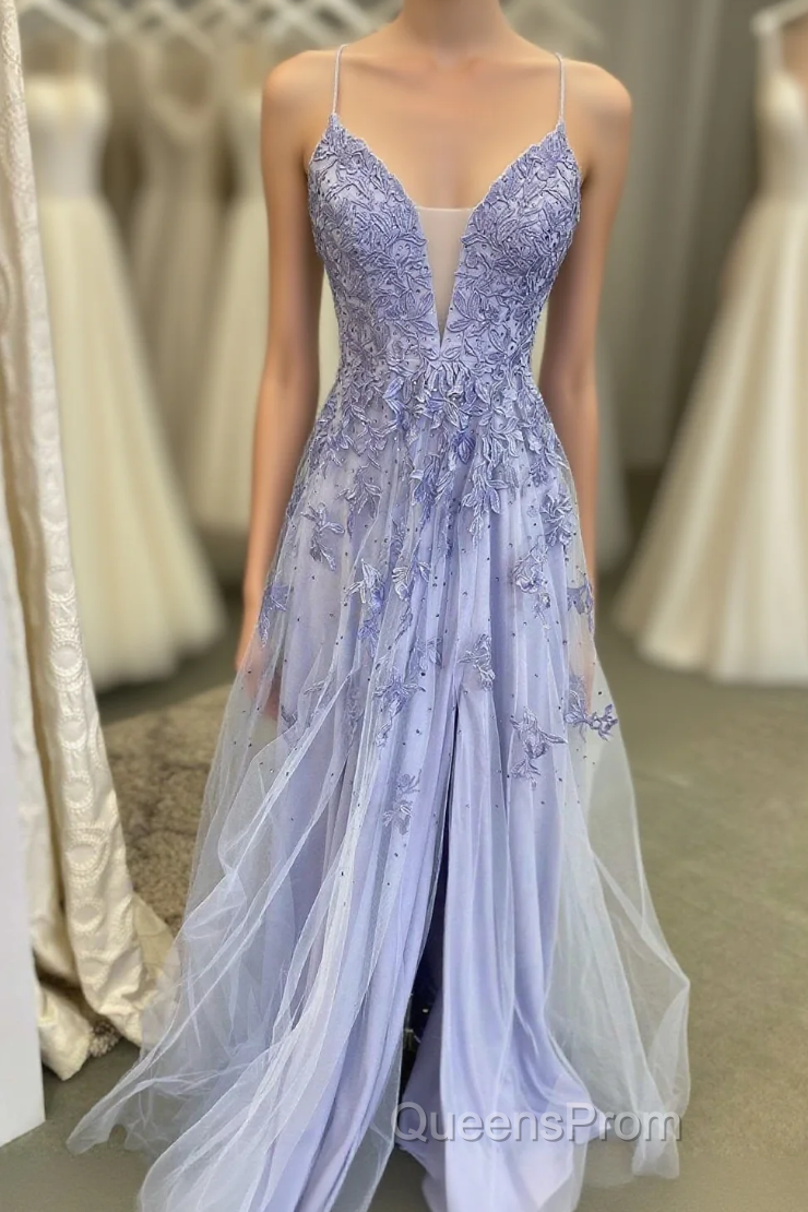 Lavender Tulle V-Neckline Long Party Dress, Lavender Straps Evening Prom Dress Formal Dress Main image