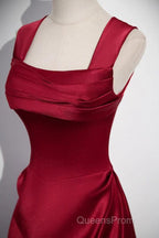 A-Line Sleeveless Wine Red Satin Evening Dress, Wine Red Long Evening Prom Dress