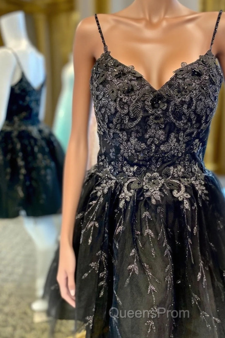 Black A-line Spaghetti Straps Appliques Short Homecoming Dress Main image