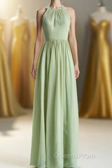 Sage Green Chiffon High Neck Long Bridesmaid Dress