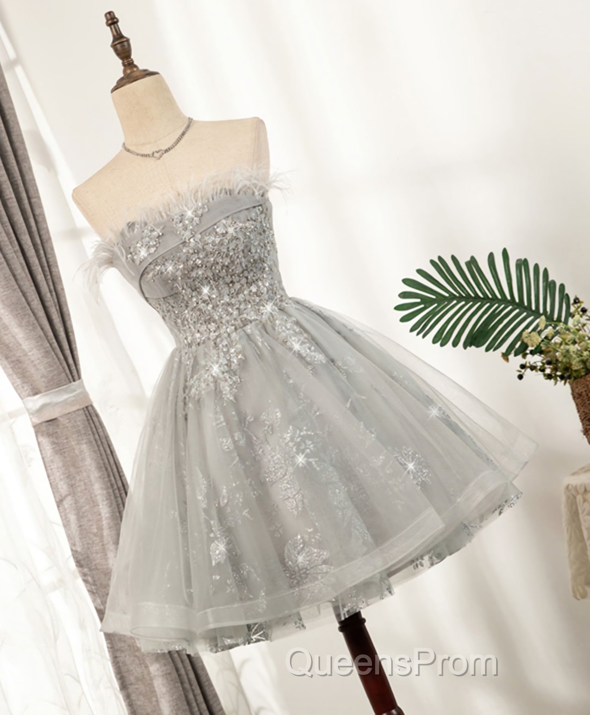 Gray Sweetheart Lace Tulle Short Evening Prom Dress, Gray Cocktail Dress
