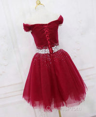 Burgundy Tulle Sequin Short Evening Prom Dress, Burgundy Homecoming Dress, 1