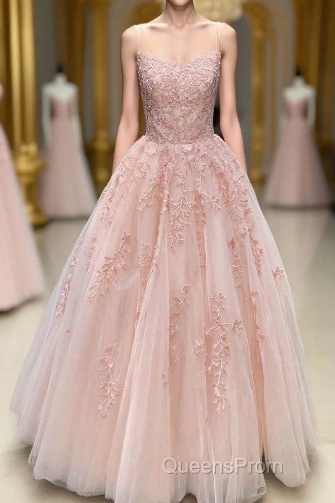 Lace Appliques Pink A LineTulle Long Evening Prom Dress With Straps Main image
