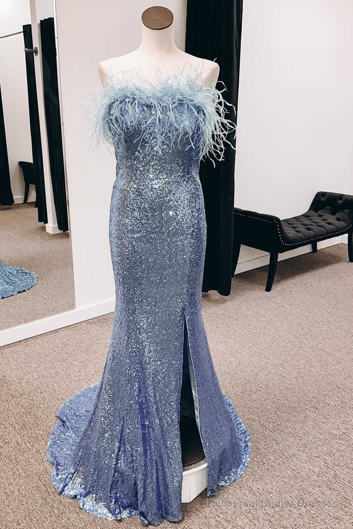 Sequins Feather Strapless Mermaid Long Prom Dress Main image