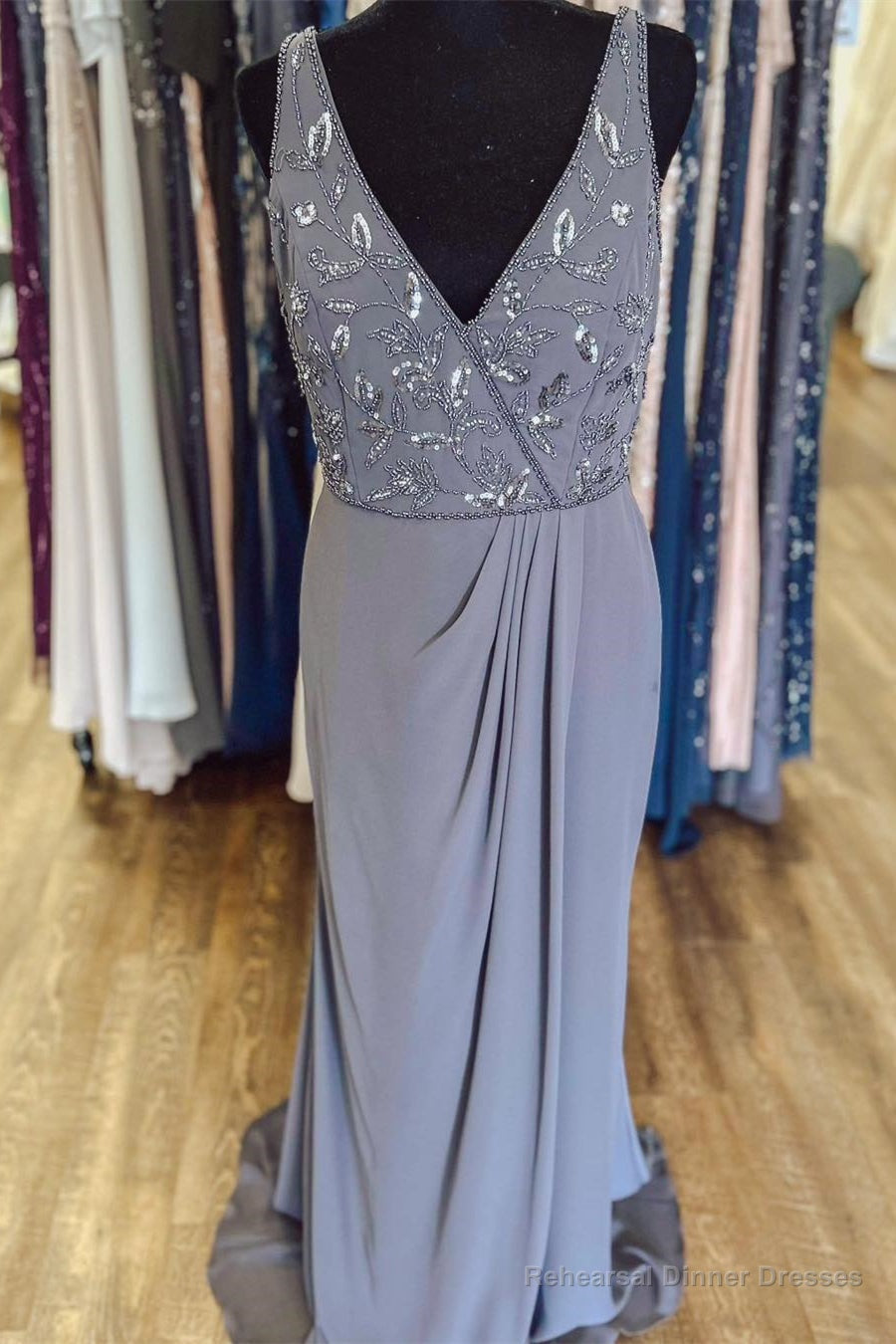 Mist Plunging V Neck Sequined Embroidery Mermaid Lone Mother of Bride Dress Main image