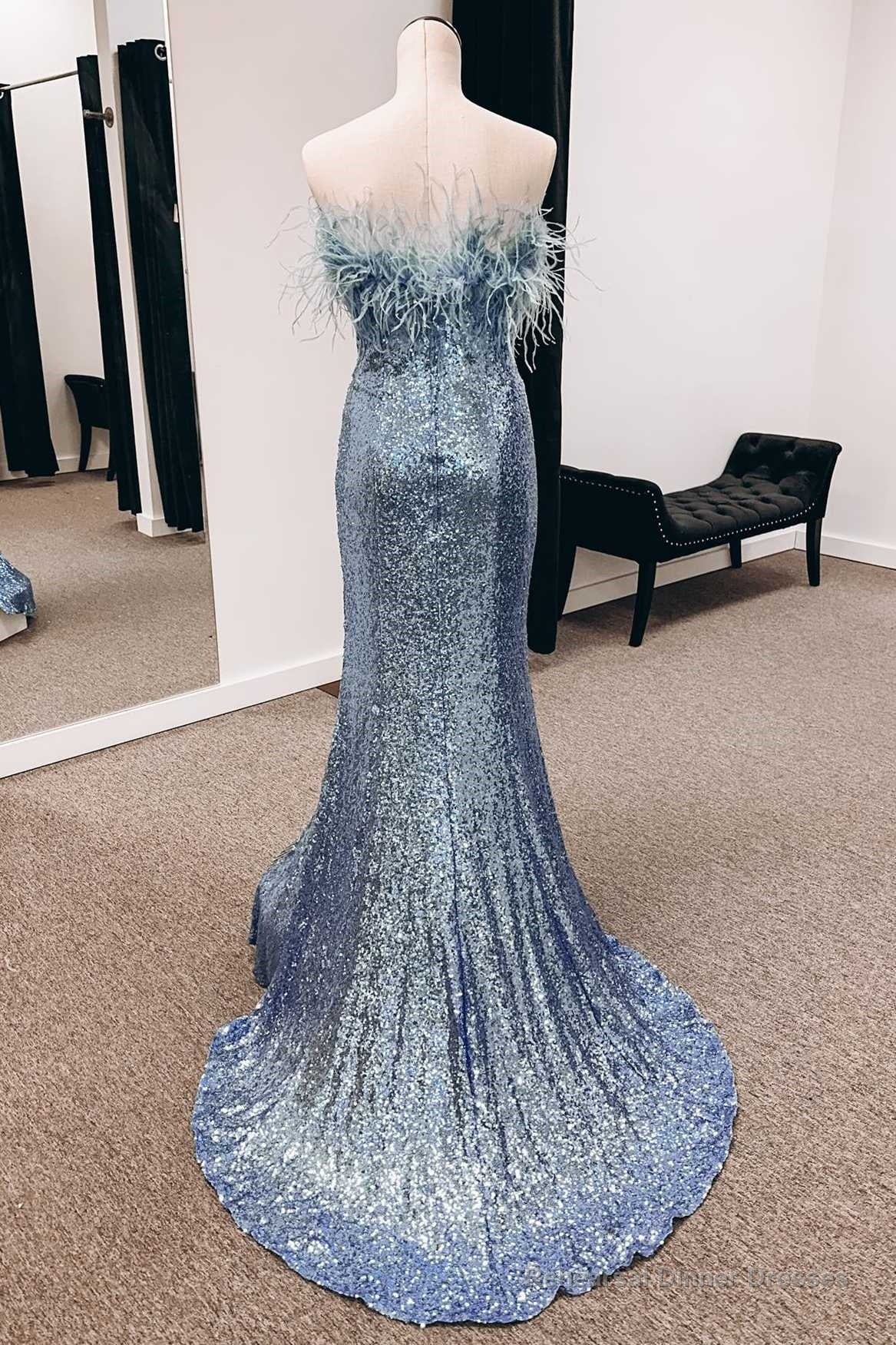 Sequins Feather Strapless Mermaid Long Prom Dress Secondary image