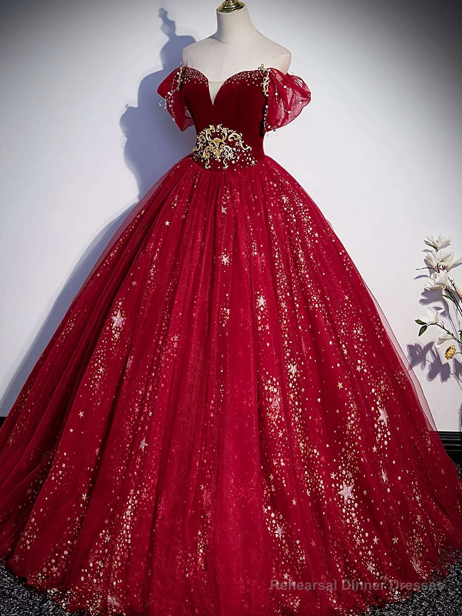 Burgundy Tulle Sequin Long Prom Dress, Burgundy Tulle Formal Dress Secondary image