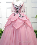 Pink V Neck Tulle Lace Applique Long Evening Prom Dress, Pink Evening Dress, 1