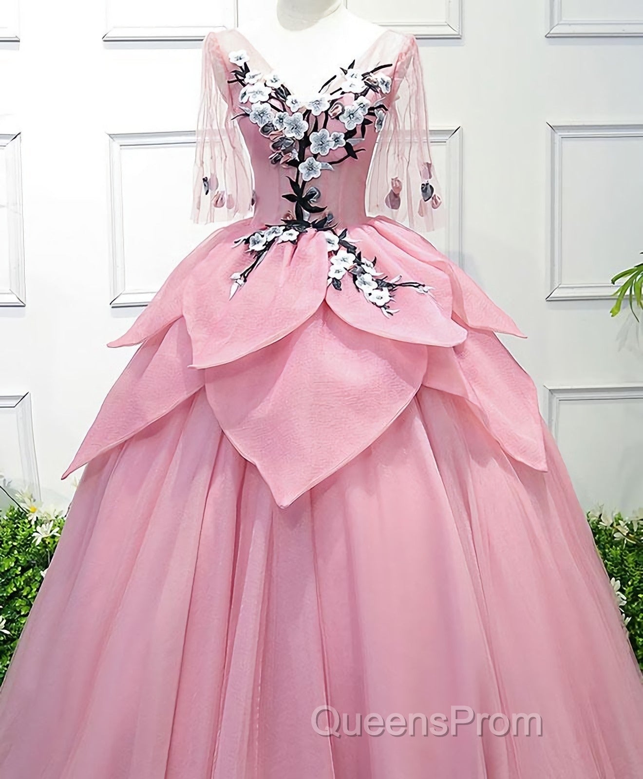 Pink V Neck Tulle Lace Applique Long Evening Prom Dress, Pink Evening Dress, 1
