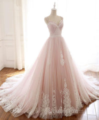 Pink Sweetheart Lace Tulle Long Evening Prom Dress, Lace Pink Evening Dress