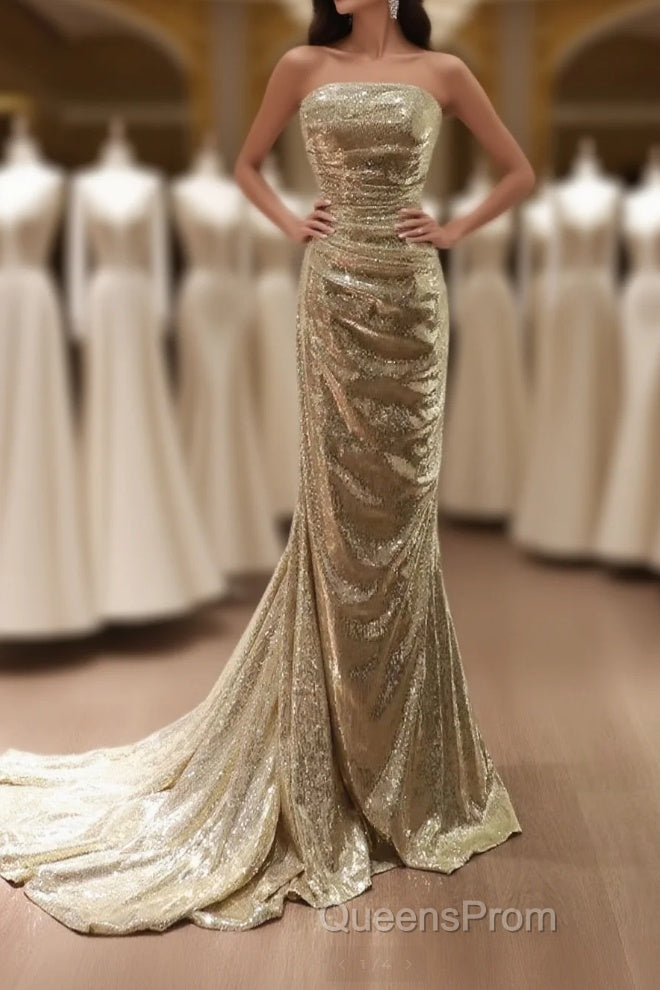 Gold Sequins Mermaid Scoop Long Evening Dress, Gold Long Evening Prom Dress Party Dress Main image