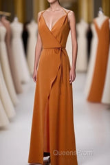 Burnt Orange Spaghetti Straps Long Bridesmaid Dress with Slit