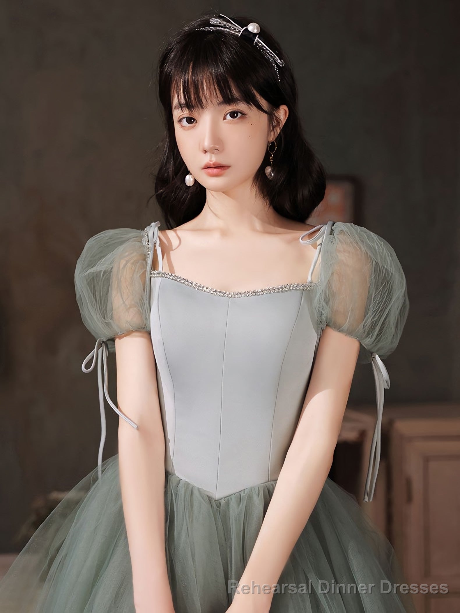 Gray Green Tulle Long Prom Dress Green Tulle Formal Dress