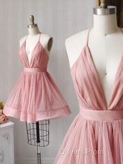 Simple Pink Tulle Short Evening Prom Dress, Pink Cocktail Dress