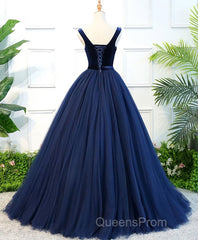 Dark Blue Tulle Long Evening Prom Dress, Dark Blue Tulle Evening Dress