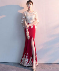 Burgundy Lace Mermaid Long Prom Dress Lace Formal Dress