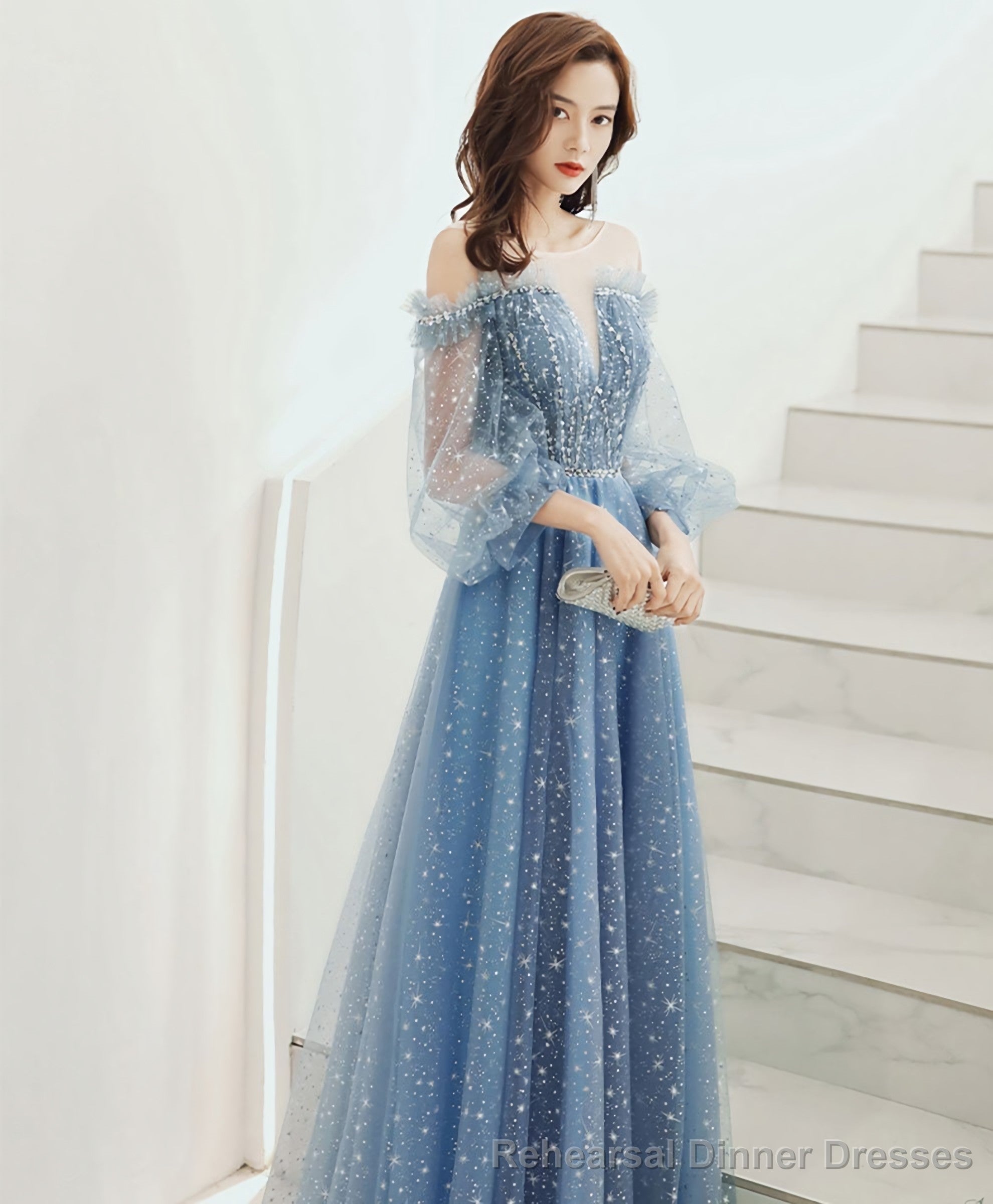 Blue Round Neck Tulle Sequin Long Prom Dress Tulle Evening Dress